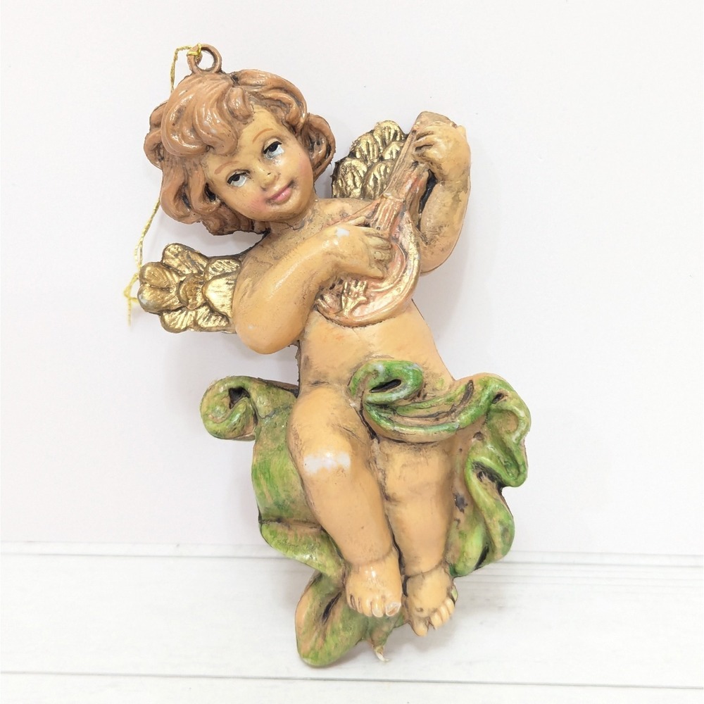 Vintage Baroque Angel Cherub w/Mandolin Blowmold Figure Christmas Ornament